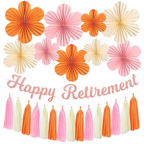 Roetyce Retirement Party Decorations Women, Pink Orange Happy Retirement Banner Paper Fan Tassel, Flower Themed Office Retired Party Supplies for Coworker, Funny Legend Has Retired Photo Backdrop