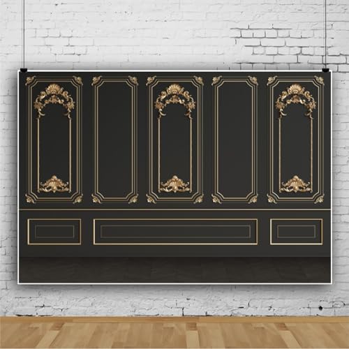 Leyiyi 9x6ft Luxury Wall Backdrops for Photography European Style French Black Vintage Room Backdrop Black Wooden Floor Photo Background Birthday Party Decorations Personal Portraits Studio Props - color: Black 01, size: 9x6ft