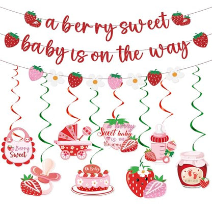 Strawberry Baby Shower Decorations - A Berry Sweet Baby Is on the Way Banners Cute Strawberry Decorations Strawberry Sweet Baby Hanging Swirls Ceiling Decor Girls - style: Strawberry