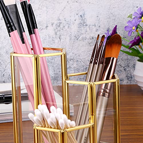 Hipiwe 3 Slots Glass Makeup Brush Holder - Gold Hexagon Cosmetics Brush Eyeliners Display Cup Home Decorative Makeup Organizer Desktop Pen/Pencil Pot Holder for Office - style: 3-Slot Hexagon,Gold