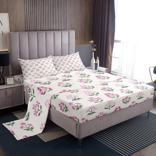 Castle Fairy Pink Flowers Bed Sheet Set Queen Size 4pcs,Rustic Botanical Floral Bedding Sets,Aesthetic Flower Chic Pattern Flat Sheet + Fitted Sheet for Kids Girls Woman Teens Room Decor - color: Beige Pink, size: QUEEN (W60*L80*H16")