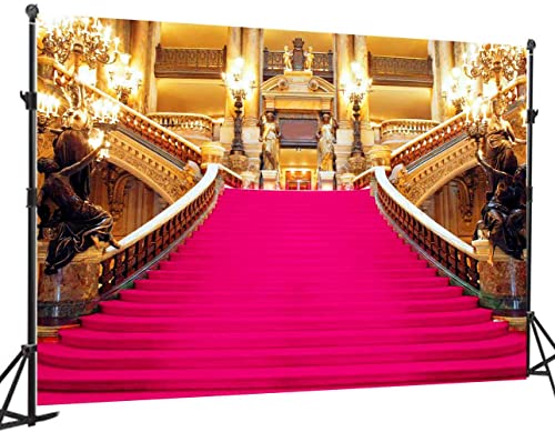 Pink Carpet Stairs Backdrop, Royal Themed Birthday Party Photo Backdrop Vinyl 7x5ft Golden Palace Gorgeous European Hall Bridal Shower Banner BJXTGU84 - color: Pink, size: 7x5ft