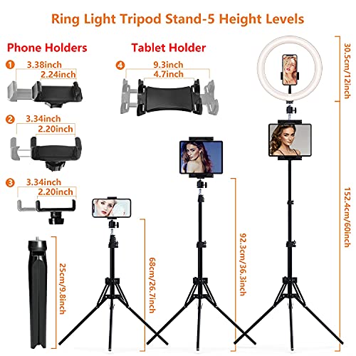 12" Selfie Ring Light with Tripod Stand 72" Tall & Mini Desktop Tripod, PEYOU Ring Light Tripod with 4 Phone Tablet Holders & Shutter for YouTube/Makeup/TikTok/Photography, Compatible with iPhone iPad - size: 72 inch