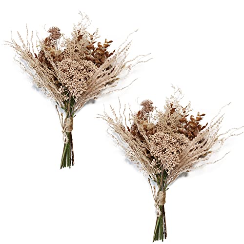 2 Pack Boho Artificial Flowers Plants Bouquet Decoration 13.8inch, Fake Plastic Brown Eucalyptus and Beige Grasses, Faux Floral Arrangement for Wedding Centerpieces Party Home Fall Decor