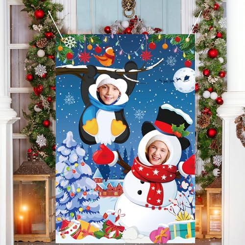 HOWAF Winter Snowman Photography Backdrop Banner, Snowman Penguin Face in Hole Props, Funny Christmas Photo Prop Background Banner for Xmas Holiday Party Decorations