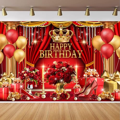 Red and Gold Birthday Backdrop for Happy Birthday Party Decorations, Luxury Red Curtains Classic Red Gold Chair King Throne Photography Background, Elegant Party Banner for Girls 7x5ft - size: 7x5ft