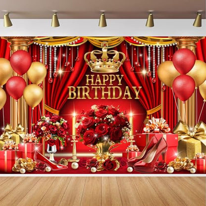 Red and Gold Birthday Backdrop for Happy Birthday Party Decorations, Luxury Red Curtains Classic Red Gold Chair King Throne Photography Background, Elegant Party Banner for Girls 5x3ft - size: 5x3FT