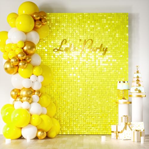 COKAOBE Yellow Shimmer Wall Backdrop, 24PCS Square Sequin Shimmer Backdrop Panel, Photo Backdrops for Birthday, Anniversary, Wedding, Graduation & Bachelorette Party Decoration - color: Yellow, size: 24pcs (6x4ft)