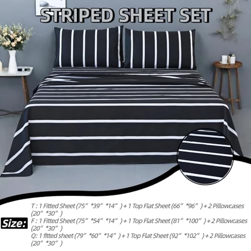 MAG 4Pcs Striped Twin Size Sheet Set,Black and White Microfiber Twin Bedding Sheet,Included 1 Fitted Sheet 14'' Deep Pocket+1 Flat Sheet+2 Pillowcases Soft and Breathable,Wrinkle and Fade Resistant. - color: Striped, size: Twin
