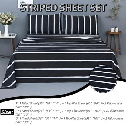 MAG 4Pcs Striped Twin Size Sheet Set,Black and White Microfiber Twin Bedding Sheet,Included 1 Fitted Sheet 14'' Deep Pocket+1 Flat Sheet+2 Pillowcases Soft and Breathable,Wrinkle and Fade Resistant. - color: Striped, size: Twin