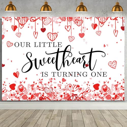 MEHOFOND 7x5ft Sweetheart 1st Birthday Backdrop Red Our Little Sweetheart is Turning One Decorations Banner Love Hearts Valentine's Day Happy First Birthday Baby Shower Background Cake Table Banner - color: First birthday, size: 7x5ft