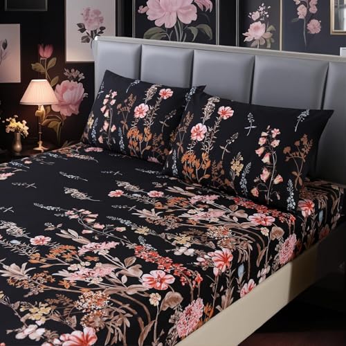 MAG 3pcs Black Floral Queen Bed Sheet,Microfiber Flower Bedding Sheet Set,Boho Bedding Sheet Set with 1 Fitted Sheet and 2 Pillowcases,14 Inches Deep (Black, Queen) - color: Black-floral, size: Queen