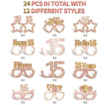 24PCS 15th Birthday Paper Eyeglasses Decorations for Girls Women, Pink Rose Gold Sweet 15 Birthday Quinceanera Decoration Eyeglasses Party Supplies, Funny Fifteen Year Old Birthday Glasses Decor - style: Rose Gold 15th