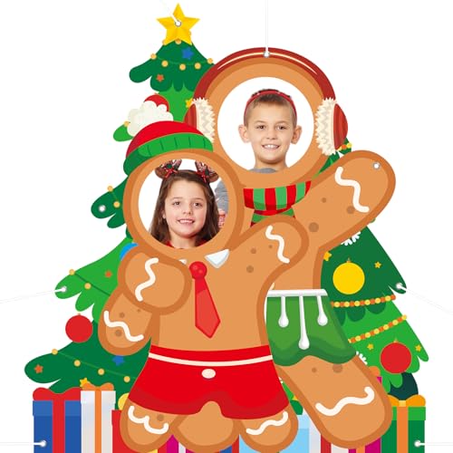 Christmas Gingerbread Man Photo Booth Prop Christmas Tree Photo Door Banner Background Large Fabric Face in Hole Photos Stand-in Gingerbread Backdrop for Indoor Outdoor Xmas Winter Holiday Supplies