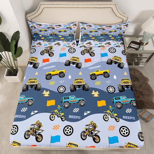 Cartoon Car Kids Fitted Sheet Twin Size,Motorcycle Off-Road Vehicle Race Car Flag Bedding Set,Boys Men Room Decor,Extreme Sport Game Country Vehicle Grey Bed Cover,1 Pillowcase（No Flat Sheet） - color: Blue Grey, size: TWIN (W39*L75*H16")