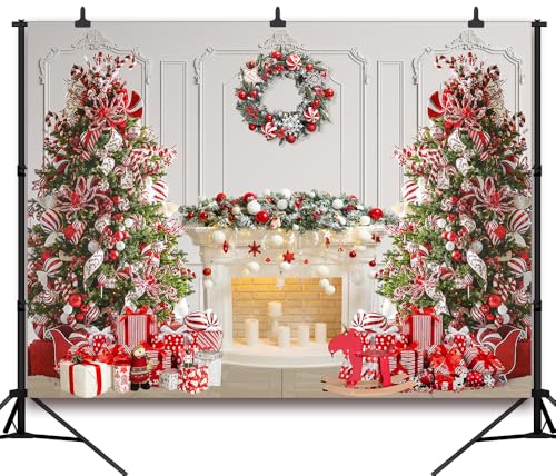 8x6 FT Christmas Fireplace Backdrop White Fireplace Red Xmas Tree Photography Background Winter Christmas Family Kids Holiday Party Theme Decorations Banner Photo Booth Props - size: 8x6 FT