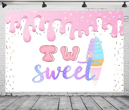 7x5Ft Two Sweet Ice Cream Backdrop Two Sweet 2nd Birthday Background Sweet Summer Girls Birthday Baby Shower Decorations Banner Photo Booth Props - color: Ice cream Backdrop 2