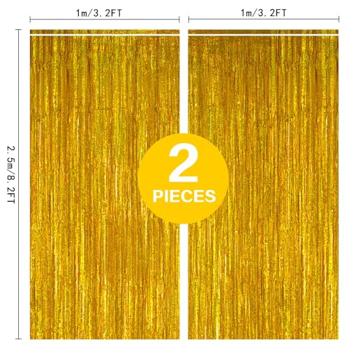 2 Pack 3.2ft x 8.2ft Gold Metallic Foil Curtains, Big Laser Glitter Fringe Rain Curtain Photo Booth Backdrop Tinsel Curtain Streamer for Birthday Wedding Graduations Christmas Event Party Supplies - color: Gold