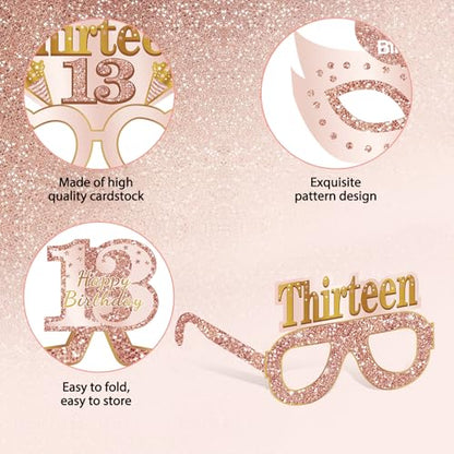 Guiruiy 24PCS 13th Birthday Paper Eyeglasses Decorations for Girls, Pink Rose Gold Happy 13th Birthday Eyeglasses Party Supplies, Funny 13 Year Old Birthday Thirteen Teenager Glasses Decor - style: Rose Gold 13th
