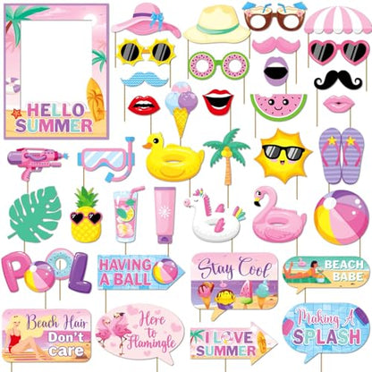 38 Pcs Summer Photo Booth Props Frame, Pink Summer Party Decorations Props, Beach Party Decorations Beach Photo Booth Flamingo Picture Props for Party