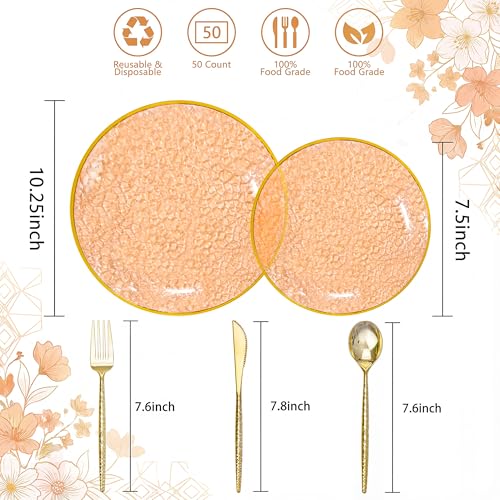 I00000 150Pcs Clear Orange Plastic Plates with Gold Rim,Orange Disposable Plastic Plates,Gold hammer patterned Disposable plates Set include 30 Dinner Plate,30 Dessert Plate,90 Silverware Set - color: Clear Orange