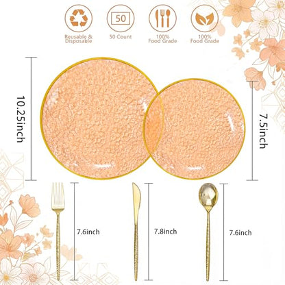 I00000 150Pcs Clear Orange Plastic Plates with Gold Rim,Orange Disposable Plastic Plates,Gold hammer patterned Disposable plates Set include 30 Dinner Plate,30 Dessert Plate,90 Silverware Set - color: Clear Orange