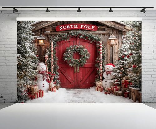 5x4ft Christmas North Pole Backdrop Snowman Christmas Trees Gift Boxes Snowy Pine Forest Red Wooden Door Winter Holiday Background New Year Xmas Eve Party Decor Portrait Photo Booth Props - size: 5x4ft
