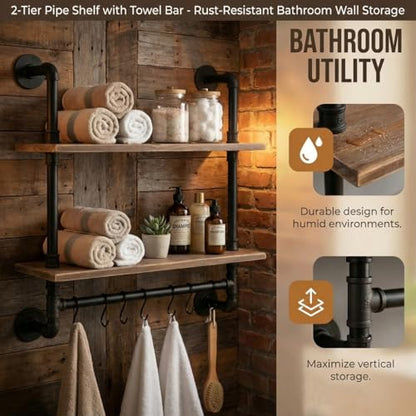 ROGMARS Industrial Pipe Shelving Bathroom Pipe Shelves with Towel Bar Over Toilet, 24 inch Pine Wood Floating Shelves for Wall Mounted Bedroom,Kitchen, Farmhouse, Living Room - color: Rustic Brown, size: 24 Inch 2 Tier