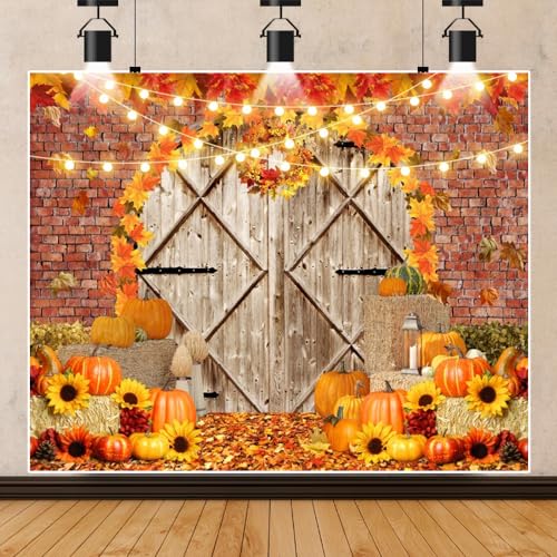 Fall Thanksgiving Backdrops for Photography Pumpkin Barn Door Fall Photo Backdrop LFEEY 10x8ft Maple Autumn Harvest Theme Background Autumn Farm Harvest Event Party Decorations Banner Photo Props