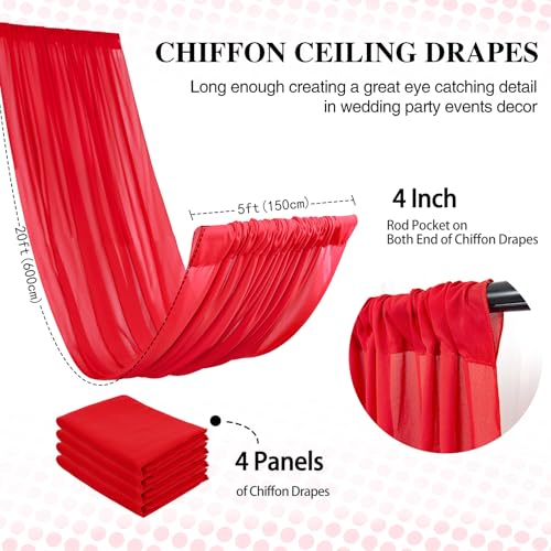 DUOBAO Chiffon Ceiling Drapes 20ft Red Wedding Backdrops 4 Panels 5×20ft Sheer Backdrop Curtains for Reception Wedding Ceremony Dark Red Sheer Arch Drapes Fabric Event Party Supplies - color: Red, size: 60"W x 240"L (Pack of 4)