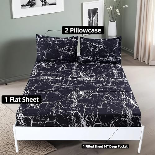 MAG Black Marble, Super Soft Microfiber Bed Sheet 4PC, Marble Bedding Sheet Set Included 1 Fitted Sheet with 2 Pillowcases, 14 Inches Deep (Twin, Black) - color: Black-marble, size: Twin