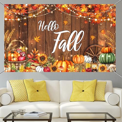 Mocsicka Hello Fall Backdrop Banner Fall Thanksgiving Photography Backdrop Rustic Wooden Door Autumn Pumpkin Harvest Baby Shower Decorations Photo Booth Props 70.8 x 43.3 Inch - size: 70.8 x 43.3 inches
