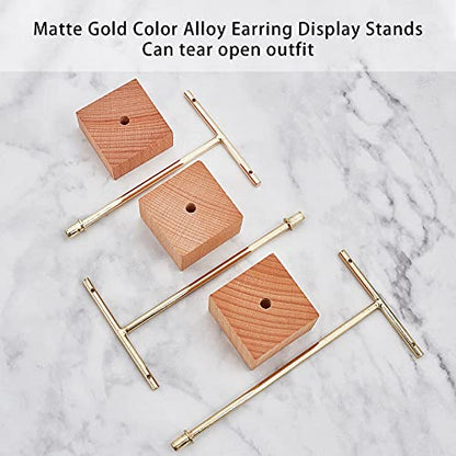 FINGERINSPIRE 3 Pcs Gold Metal T Bar Earring Display Stand 6.3/5.5/4.5 Inch Height Jewelry Stand with Wooden Square Base Earring Hanging Holders Jewelry Organizer for Store Retail Photography Props - color: Gold- Square Base, 6.3&5.5&4.5 Inch Height