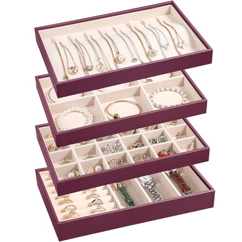 LANDICI Stackable Jewelry Organizer Trays 4 Set,PU Leather Jewelry Organizer Drawer,Jewelry Storage Display Tray for Earring Necklace Rings Bracelet with Removable Dividers,Purple - color: Purple