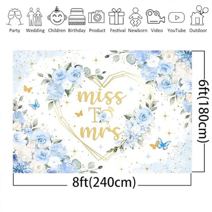 Mocsicka Miss to Mrs Bridal Shower Backdrop Boho Something Blue Bridal Shower Decorations Dusty Blue Bride to Be Wedding Shower Banner Photo Booth Props (8x6ft) - size: 8x6ft