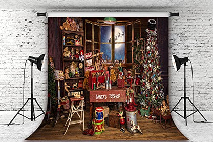 Christmas Santa's Toy Shop Photography Backdrop for Party Christmas Tree Gift Snow Window Wood Shed Store Background Family Portrait Seamless Vinyl Photo Props Banner Supplies PGT660D 8x8ft - size: 8'X8'