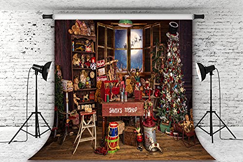 Christmas Santa's Toy Shop Photography Backdrop for Party Christmas Tree Gift Snow Window Wood Shed Store Background Family Portrait Seamless Vinyl Photo Props Banner Supplies PGT660E 10x10ft - size: 10'X10'
