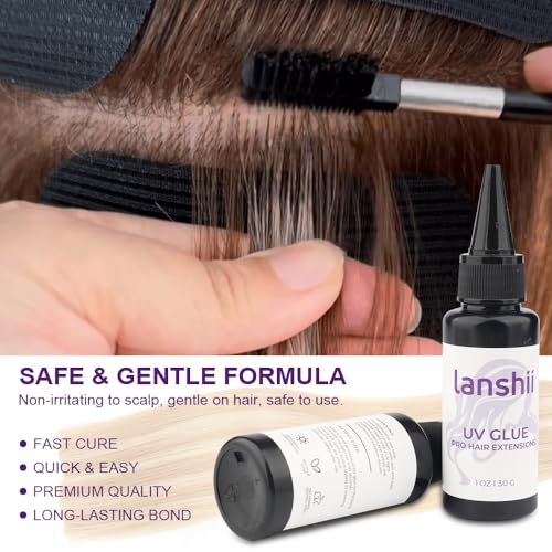 UV Lamp Hair Extension Tool Kit Invisible Hair Extensions UV Lamp 30g UV Hair Glue with 30ml Glue Remover Plastic Eyebrow Comb for UV Hair Set Eyelashes Extensions - color: Black