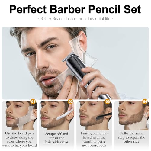 Ponhey 12Pcs Barber Pencil with 2 Sharpener 1 Sharpener Ruler Brush, White Magic Hairline Pencils for Lineup Beard Shaping Beard Guide Pen Barber Chalk for Beards Hair Makeup Design for Men