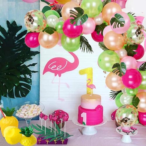 Hawaiian Party Decorations, 68pcs Tropical Luau Party Decorations Balloons With Palm Leaves For Summer Aloha Moana Tiki BDAY Parties Decor - color: Green and Pink
