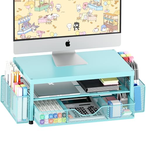 OPNICE Desk Organizers and Accessories, 2-Tier Computer Monitor Stand Riser with Drawer and 2 Pen Holders, Laptop Stand, Office Desk Accessories for Office Supplies, Teal Blue - color: Teal Blue