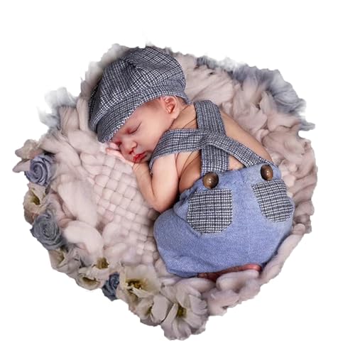 Holibeat Newborn Boy Photography Props Baby Boy Photo Shoot Outfits Infant Gentleman Romper Suits with Hat - color: Check
