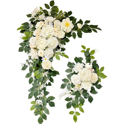 Odouzy Pack of 2 Wedding Arch, Artificial Flowers, Wedding Decor，Flower Garland Be Suited to Banquet, Party, Reception Entrance Welcome Sign and Background Decoration(Champagne White) - color: Champagne White