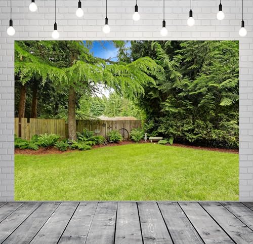 6x4ft Fabric Spring Backyard Backdrop for Photography Green Backyard Area with Wooden Fence and Trim Background for Green Grassland Nature Outdoor Photo Backdrop Kids Adults Studio Props - size: 6x4FT