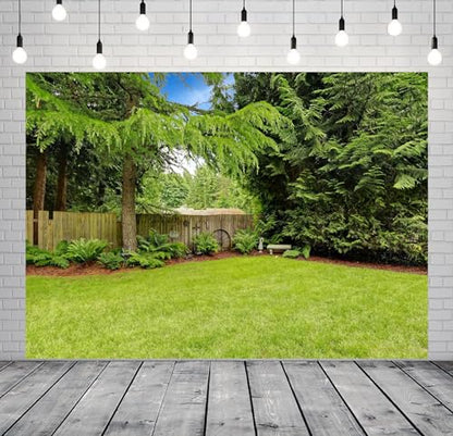 12x8ft Fabric Spring Backyard Backdrop for Photography Green Backyard Area with Wooden Fence and Trim Background for Green Grassland Nature Outdoor Photo Backdrop Kids Adults Studio Props - size: 12x8FT
