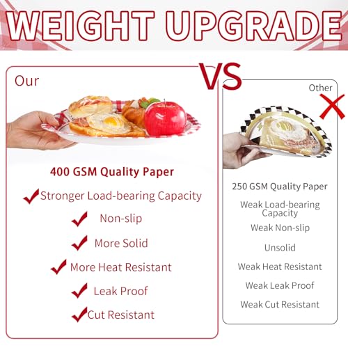 50Pcs Gingham Oval Paper Plates 10" x 12" Large Disposable Heavy Duty Red and White Buffalo Checked Plaid Dessert Platter Sturdy Plate for Summer Pizza BBQ Picnic Crawfish Boil Birthday Party Supplies - style: Red and White Oval Plates