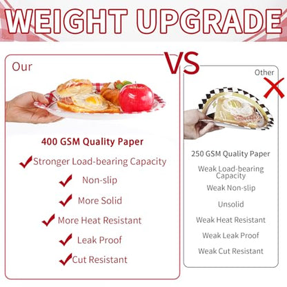 50Pcs Gingham Oval Paper Plates 10" x 12" Large Disposable Heavy Duty Red and White Buffalo Checked Plaid Dessert Platter Sturdy Plate for Summer Pizza BBQ Picnic Crawfish Boil Birthday Party Supplies - style: Red and White Oval Plates