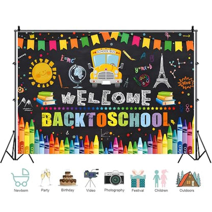 Welcome Back to School Backdrop 7x5ft Cartoon School Bus Photo Background for Photoshoot Fabric Photography Backdrop Online Teaching Background Teachers Students Photocall Backdrop - color: School Bus, size: 7x5ft