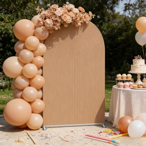 Double-Sided Arch Frame Fabric Cover Beige White Ripples Arched Panel Stand Cover for Wedding Birthday Baby Shower Parties Decoration (Brown-HP465,3X6.5ft) - color: Brown-HP465, size: 3X6.5ft