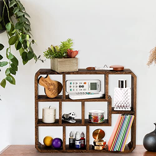 Frcctre Rustic Shadow Box Display Shelf, 9 Compartments Wood Hanging Display Floating Shelves, Multi-Slot Wall Mounted or Freestanding Farmhouse Decor Displays Case